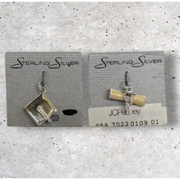 2 Sterling Silver Charms Graduation Cap Diploma Hat Pendant Grad Gift Deadstock - Picture 1 of 11